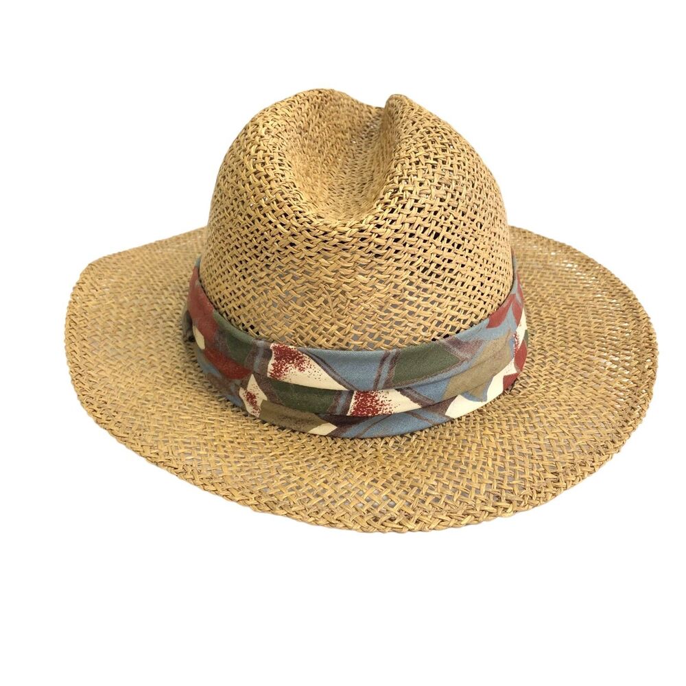 Mens Straw Hat Safari Panama Cloth Band One Size Opening is 7x8.5 inches Nice